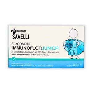 foto di una confezione di integratori immunoflor junior del marchio farmacia savelli, adatti a sostenere le difese immunitarie dei bambini